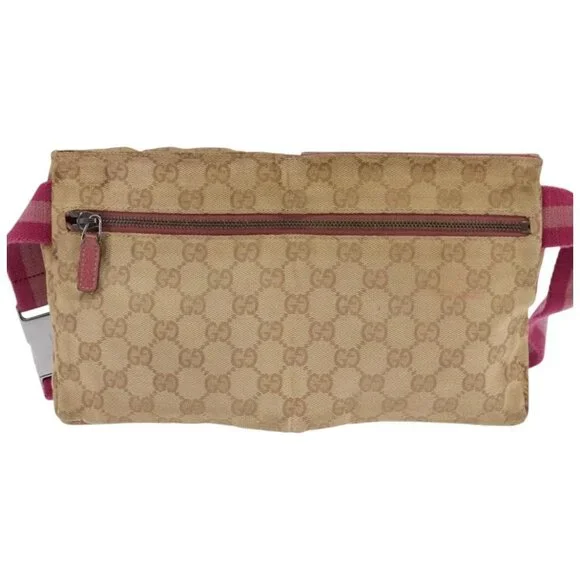 GUCCI GG Canvas Sherry Line Waist Bag Beige Pink Silver 28566 Auth 144532
